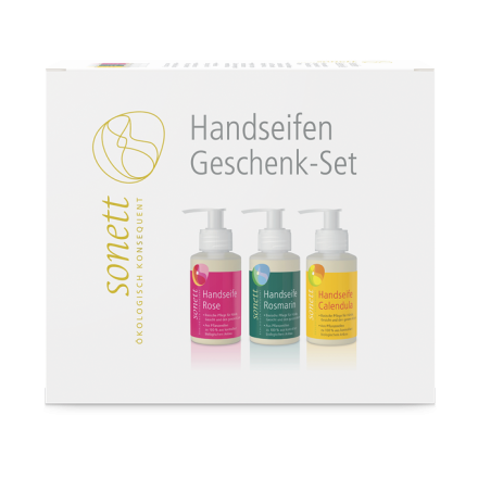 gavesett håndsåpe 110 ml rosmarin rose ringblomst økologisk sonett