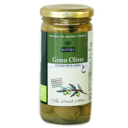 Oliven, grønne m/hvitløk, 200 g, økologisk, Rovies