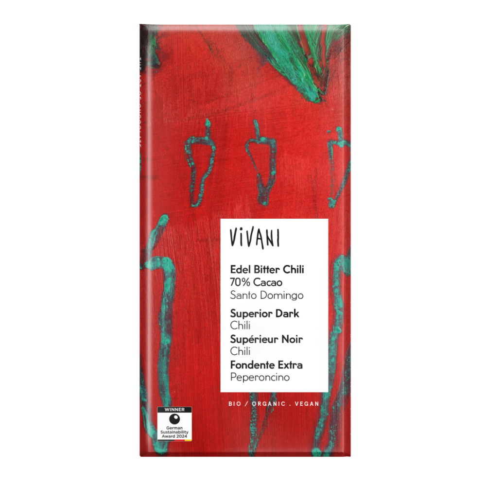 Mørk sjokolade m/chili, 80 g, økologisk, Vivani main product photo
